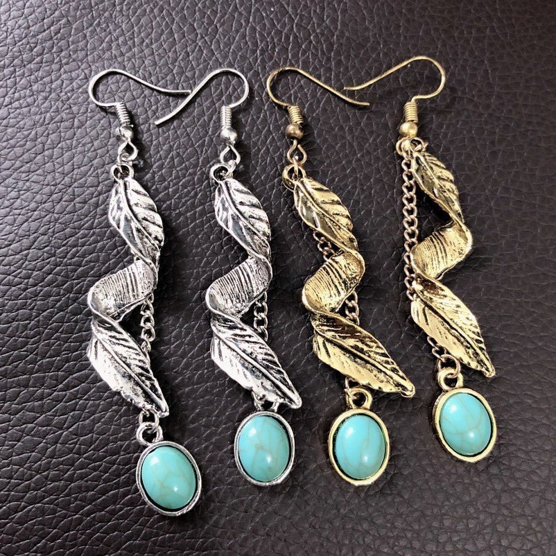 Alloy Leaf Artificial Turquoise Earrings - Bitsy Gypsy Boutique