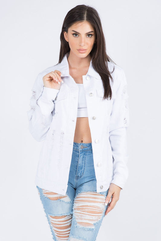 American Bazi Distressed Back Button Down Denim Jacket - Bitsy Gypsy Boutique