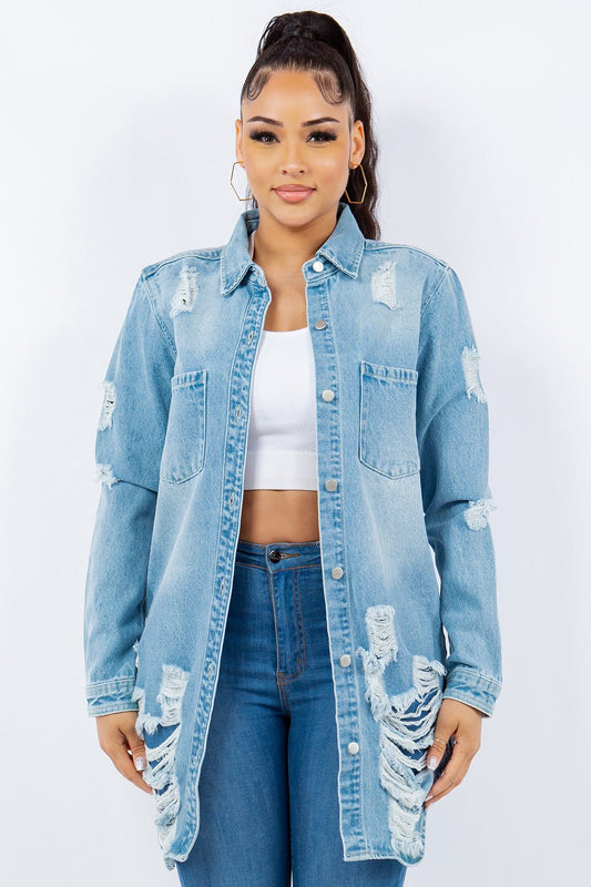 American Bazi Distressed Button Up Long Sleeve Denim Jacket - Bitsy Gypsy Boutique