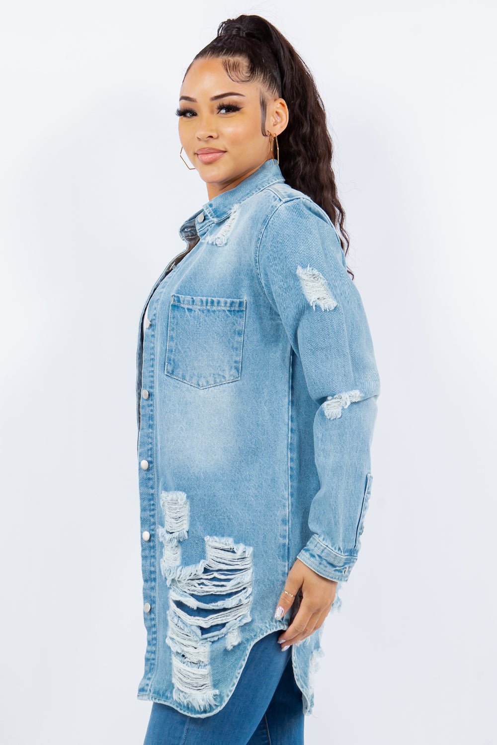 American Bazi Distressed Button Up Long Sleeve Denim Jacket - Bitsy Gypsy Boutique