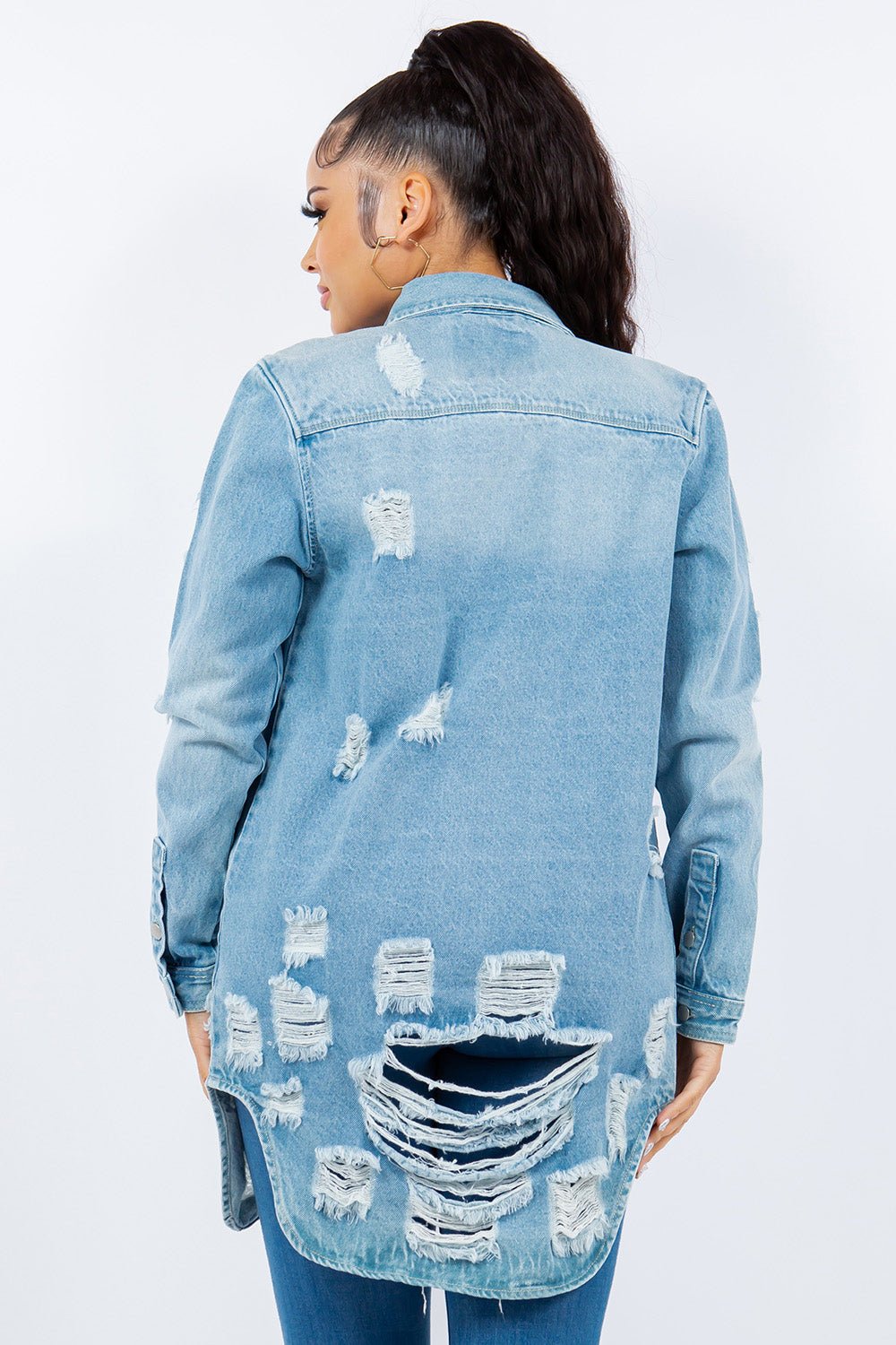 American Bazi Distressed Button Up Long Sleeve Denim Jacket - Bitsy Gypsy Boutique