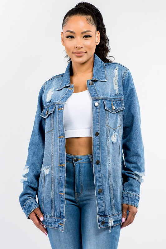 American Bazi Full Size Button Up Distressed Denim Jacket - Bitsy Gypsy Boutique