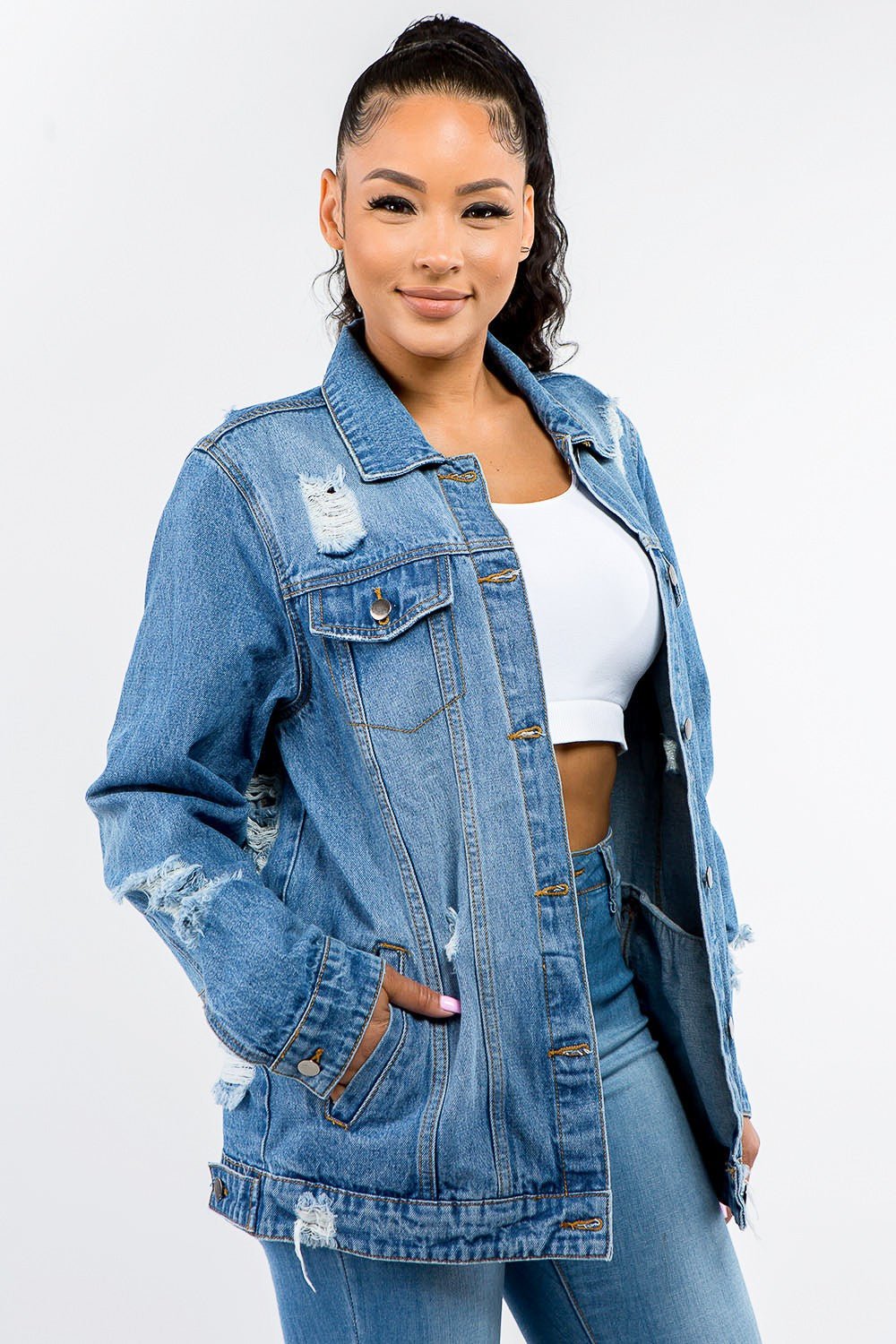 American Bazi Full Size Button Up Distressed Denim Jacket - Bitsy Gypsy Boutique