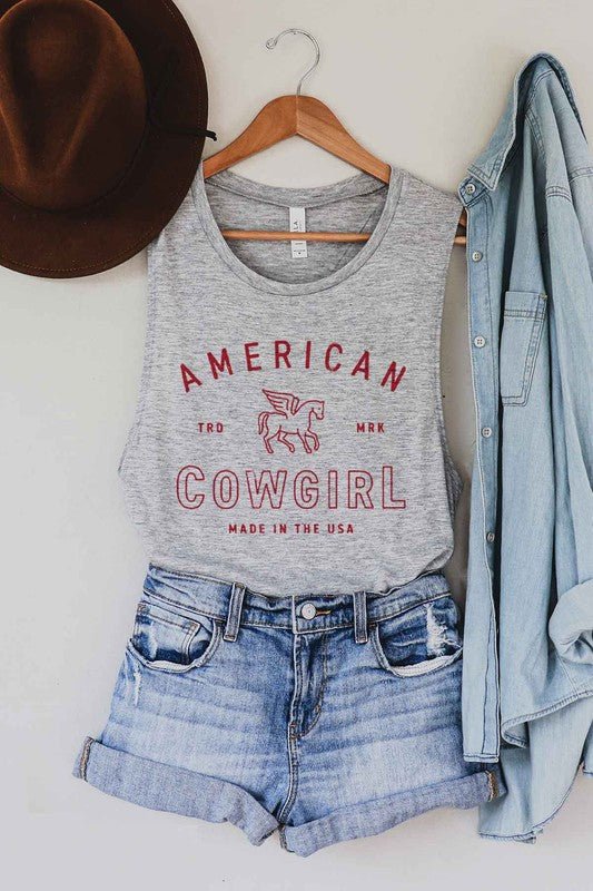 AMERICAN COWGIRL GRAPHIC MUSCLE TANK - Bitsy Gypsy Boutique