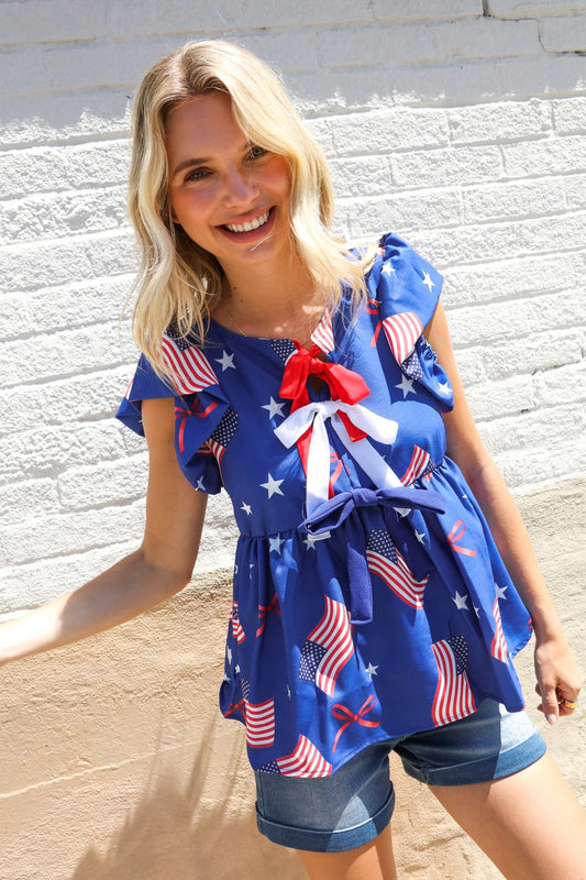 American Flag Blue & Red Stars & Bow Print Woven Top - Bitsy Gypsy Boutique