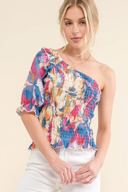 And The Why Allover Floral Print Smocked One Shoulder Blouse - Bitsy Gypsy Boutique