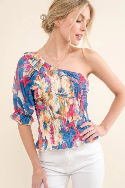 And The Why Allover Floral Print Smocked One Shoulder Blouse - Bitsy Gypsy Boutique