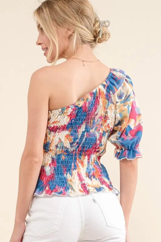 And The Why Allover Floral Print Smocked One Shoulder Blouse - Bitsy Gypsy Boutique