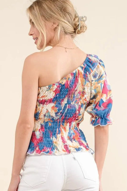 And The Why Allover Floral Print Smocked One Shoulder Blouse - Bitsy Gypsy Boutique
