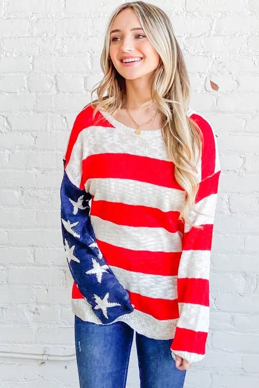 And The Why American Flag Long Sleeve Sweater - Bitsy Gypsy Boutique