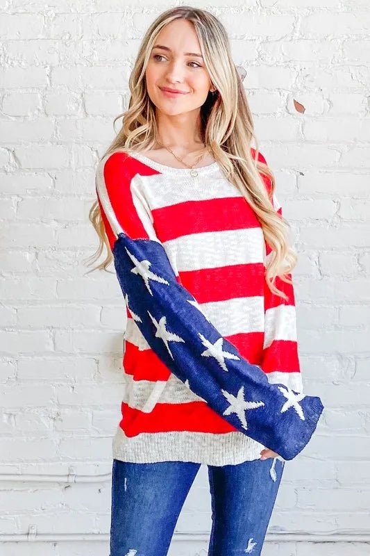 And The Why American Flag Long Sleeve Sweater - Bitsy Gypsy Boutique
