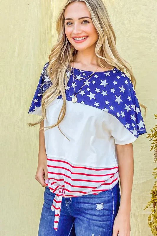 And The Why American Flag Print Tie Knot Front Casual Top - Bitsy Gypsy Boutique