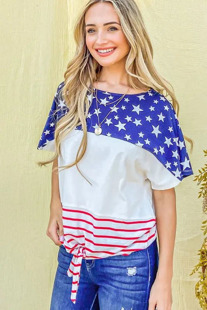 And The Why American Flag Print Tie Knot Front Casual Top - Bitsy Gypsy Boutique