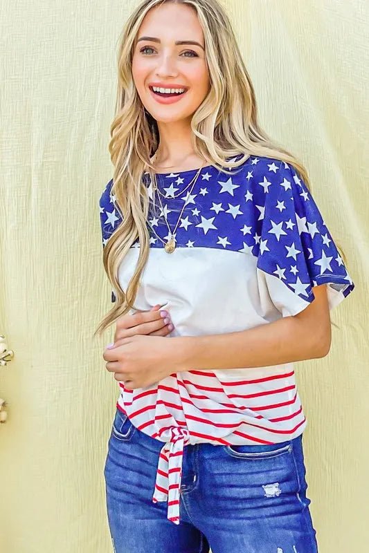 And The Why American Flag Print Tie Knot Front Casual Top - Bitsy Gypsy Boutique