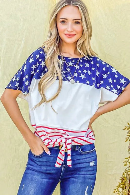And The Why American Flag Print Tie Knot Front Casual Top - Bitsy Gypsy Boutique