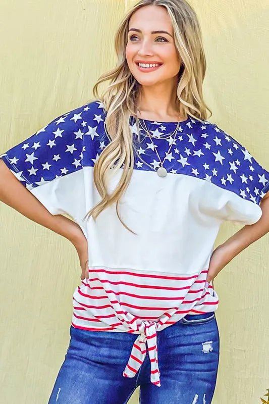 And The Why American Flag Print Tie Knot Front Casual Top - Bitsy Gypsy Boutique