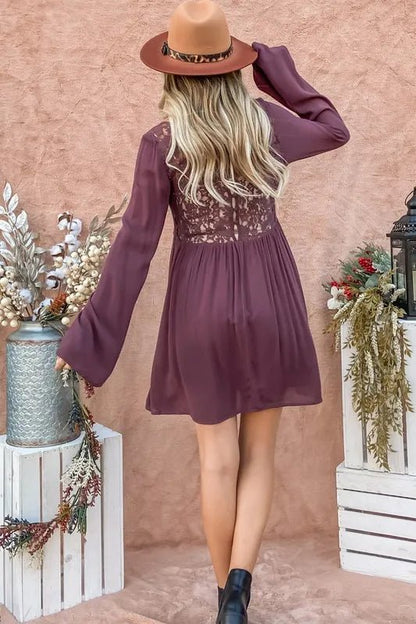 And The Why Back Lace Button Down Detail Bell Sleeve Dress - Bitsy Gypsy Boutique