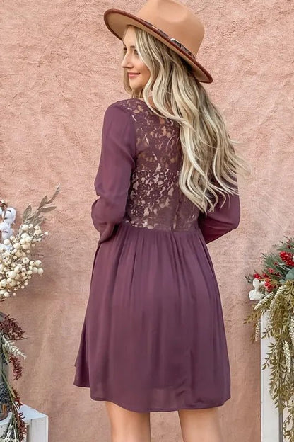 And The Why Back Lace Button Down Detail Bell Sleeve Dress - Bitsy Gypsy Boutique