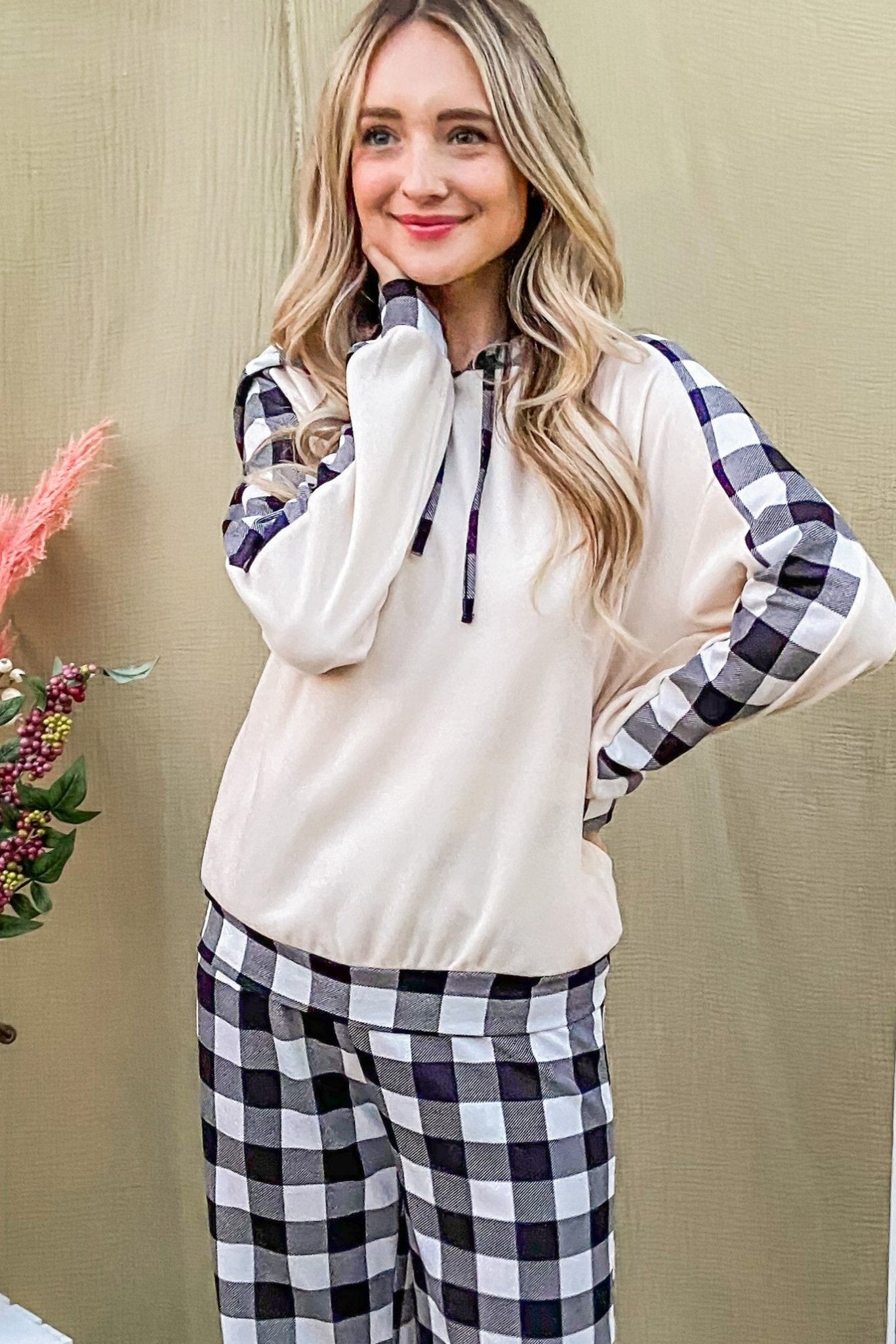 And The Why Drawstring Hooded Top and Plaid Pants Lounge Set - Bitsy Gypsy Boutique