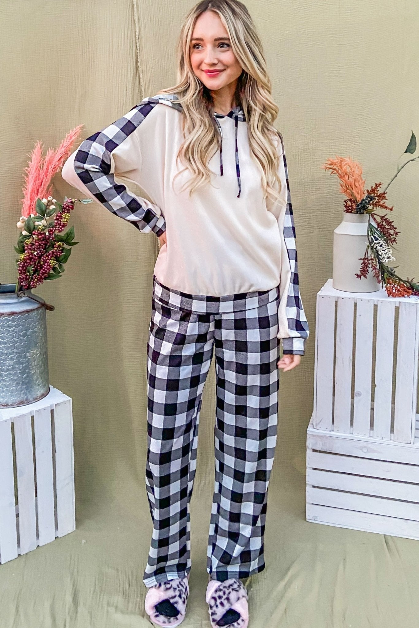 And The Why Drawstring Hooded Top and Plaid Pants Lounge Set - Bitsy Gypsy Boutique