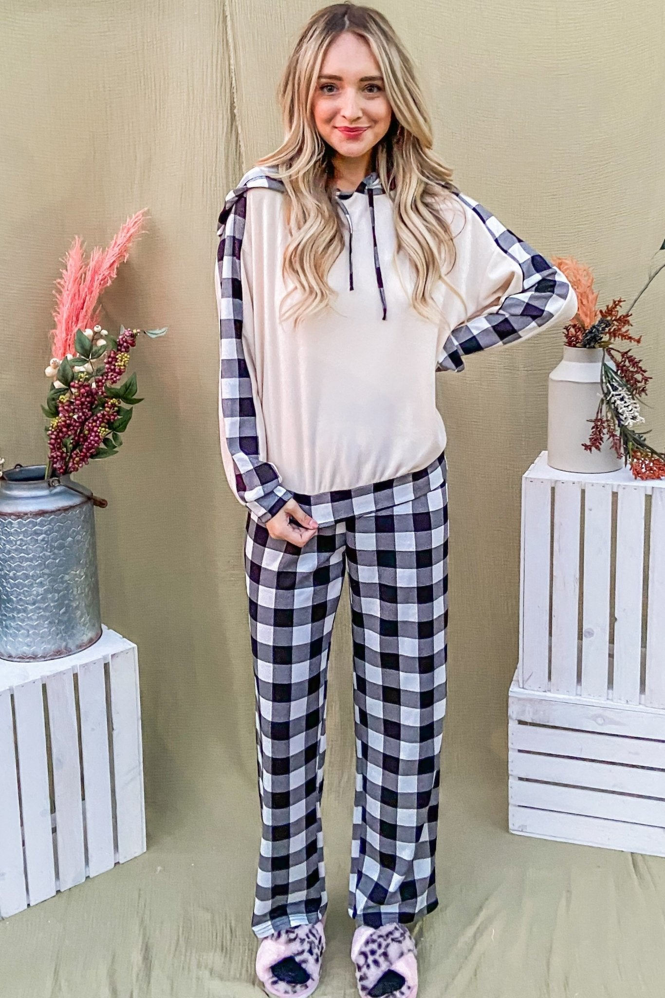 And The Why Drawstring Hooded Top and Plaid Pants Lounge Set - Bitsy Gypsy Boutique