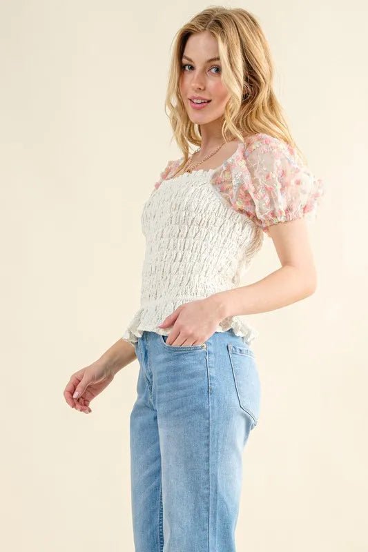 And The Why Embellishment Sleeve Smocked Top - Bitsy Gypsy Boutique