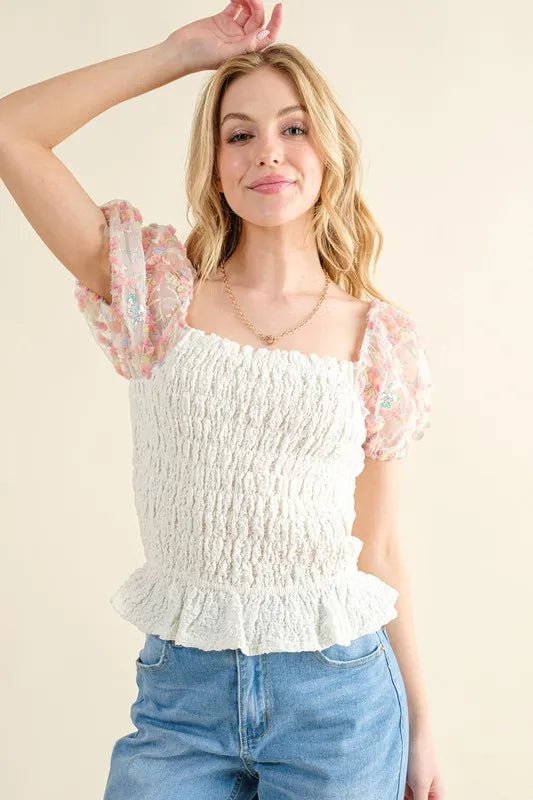 And The Why Embellishment Sleeve Smocked Top - Bitsy Gypsy Boutique