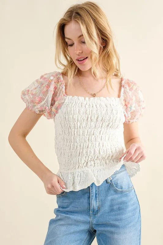 And The Why Embellishment Sleeve Smocked Top - Bitsy Gypsy Boutique