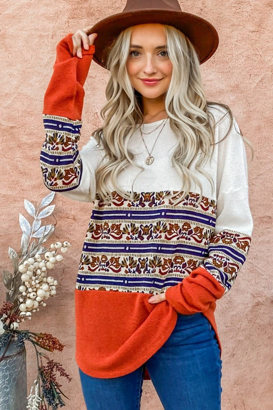 And The Why Ethnic Print Color Block Top - Bitsy Gypsy Boutique