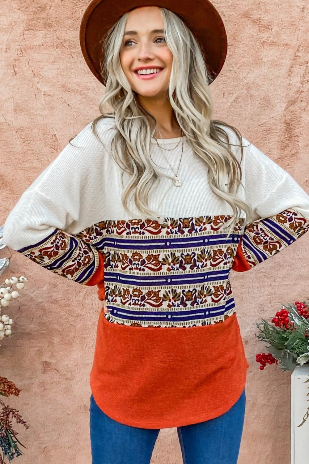 And The Why Ethnic Print Color Block Top - Bitsy Gypsy Boutique