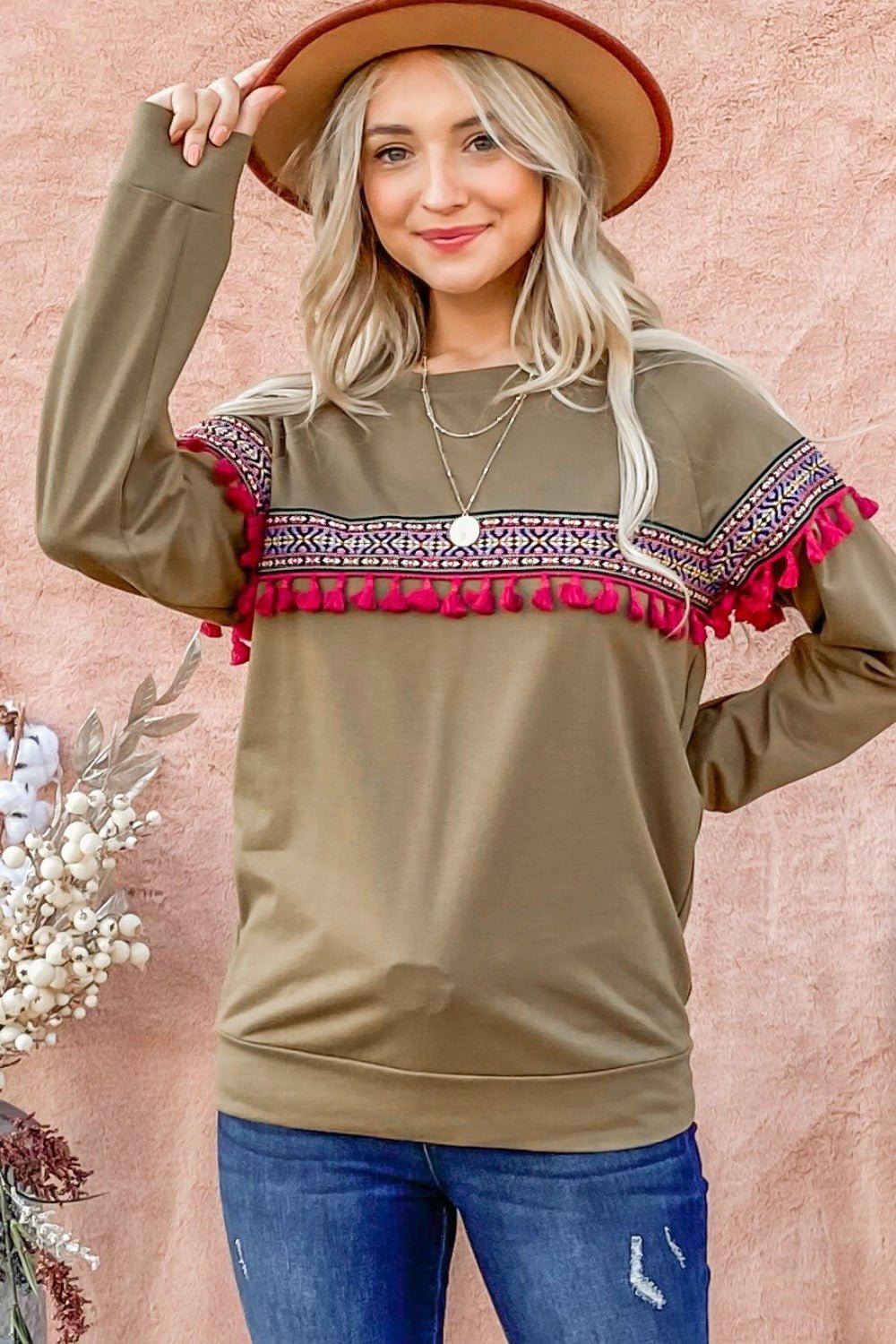 And The Why Ethnic Ribbon Tassel Trim Top - Bitsy Gypsy Boutique