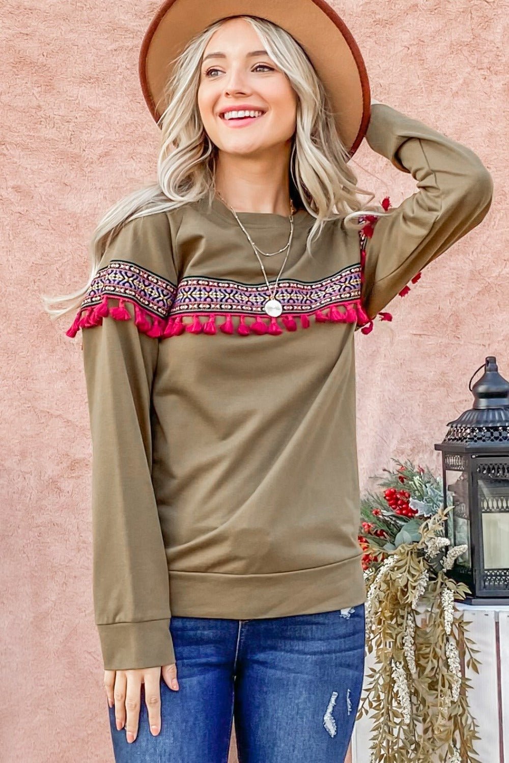 And The Why Ethnic Ribbon Tassel Trim Top - Bitsy Gypsy Boutique