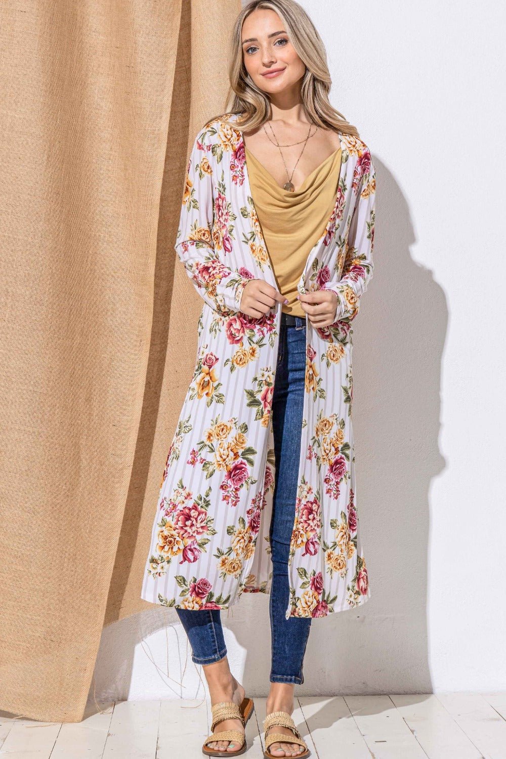 And The Why Floral Kimono Open Front Longline Cardigan - Bitsy Gypsy Boutique