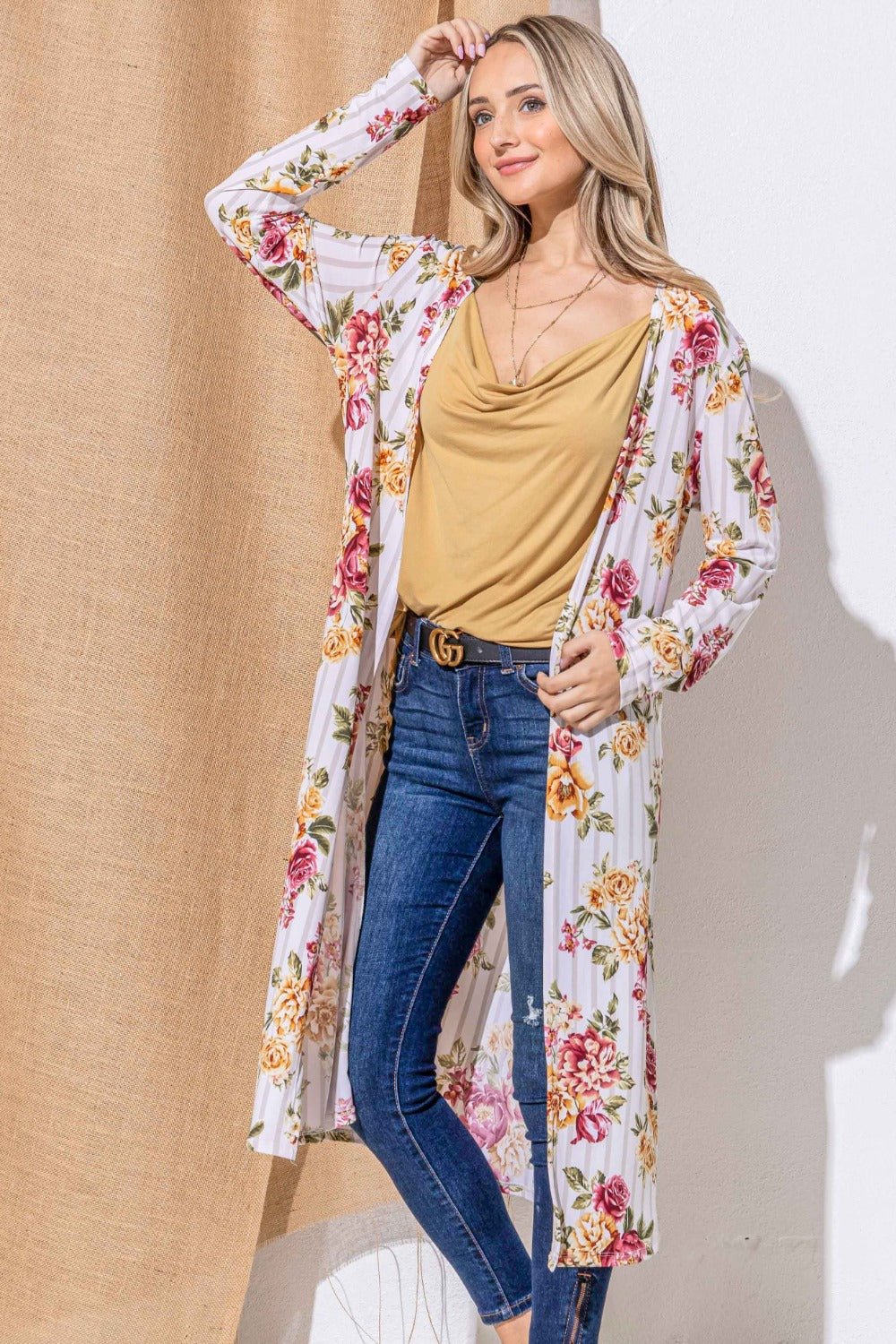 And The Why Floral Kimono Open Front Longline Cardigan - Bitsy Gypsy Boutique