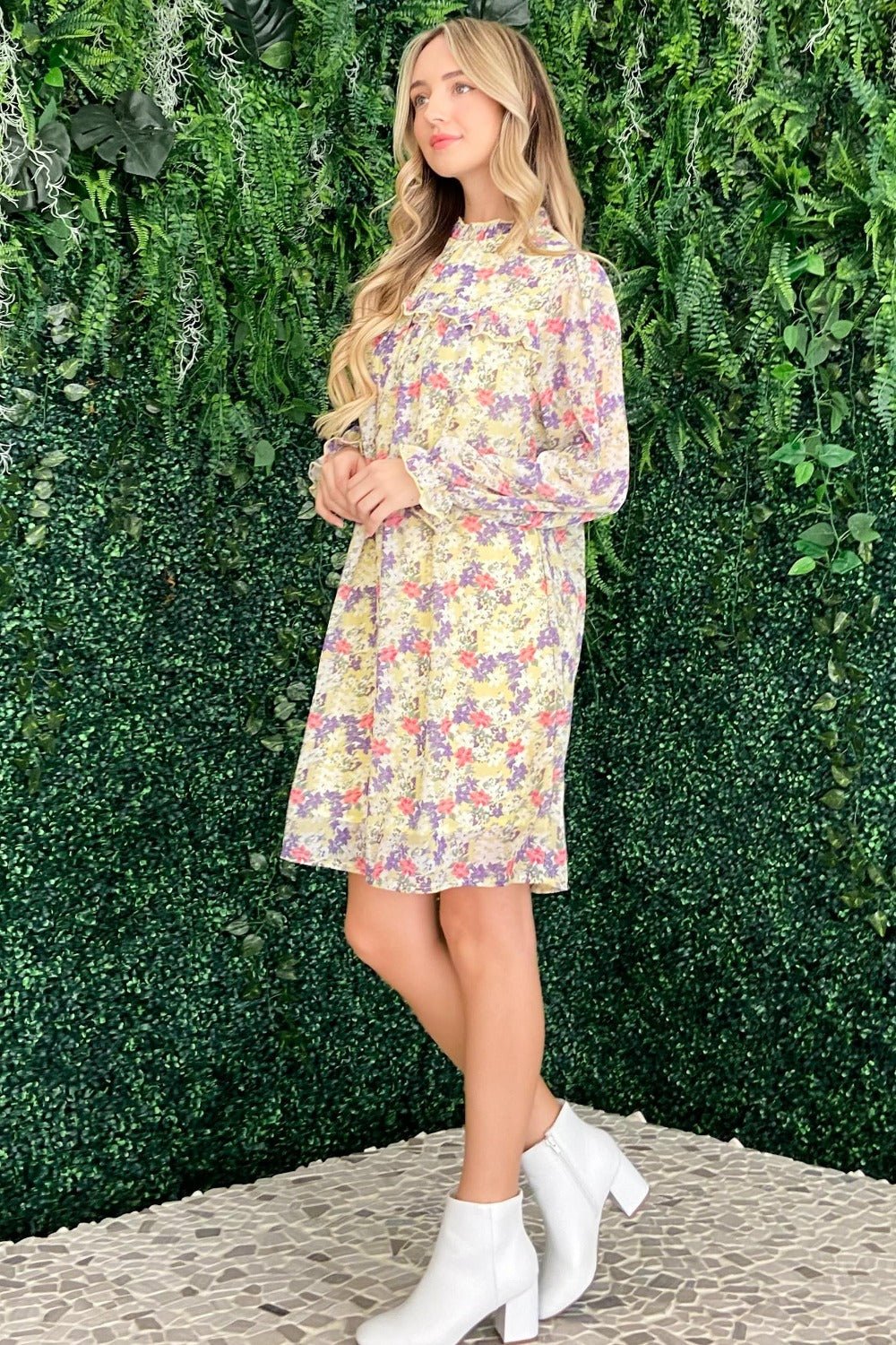 And The Why Floral Mock Neck Flounce Sleeve Dress - Bitsy Gypsy Boutique