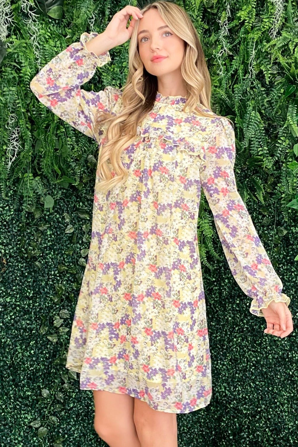 And The Why Floral Mock Neck Flounce Sleeve Dress - Bitsy Gypsy Boutique