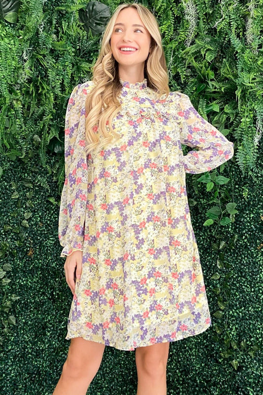 And The Why Floral Mock Neck Flounce Sleeve Dress - Bitsy Gypsy Boutique