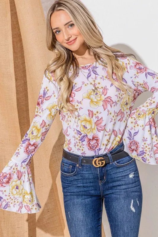 And The Why Floral Printed Bell Sleeve Casual Top - Bitsy Gypsy Boutique
