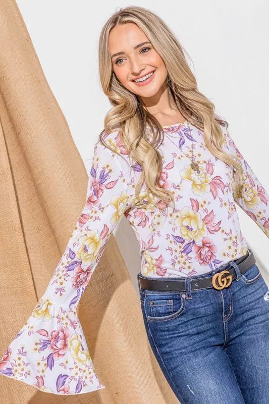 And The Why Floral Printed Bell Sleeve Casual Top - Bitsy Gypsy Boutique