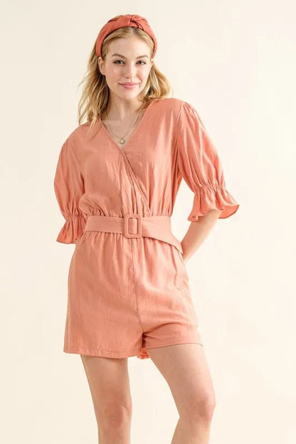 And The Why Flounce Sleeves Romper with Belt - Bitsy Gypsy Boutique
