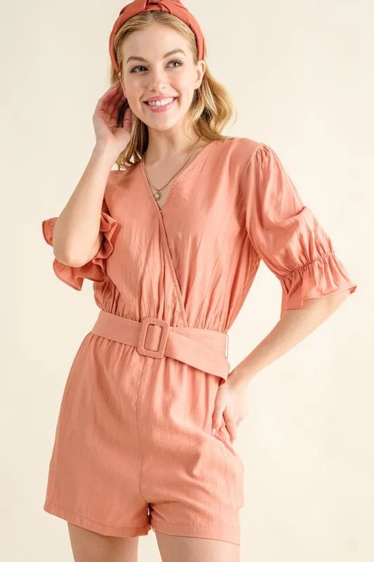 And The Why Flounce Sleeves Romper with Belt - Bitsy Gypsy Boutique