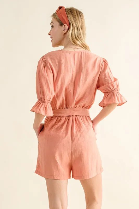 And The Why Flounce Sleeves Romper with Belt - Bitsy Gypsy Boutique
