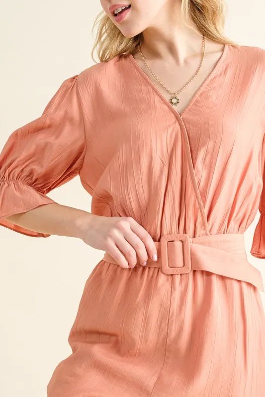 And The Why Flounce Sleeves Romper with Belt - Bitsy Gypsy Boutique