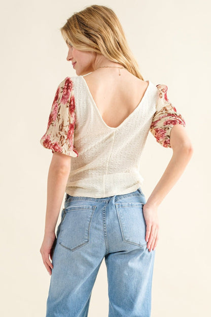 And The Why Full Size Floral Print Textured Sleeve Knit Top - Bitsy Gypsy Boutique