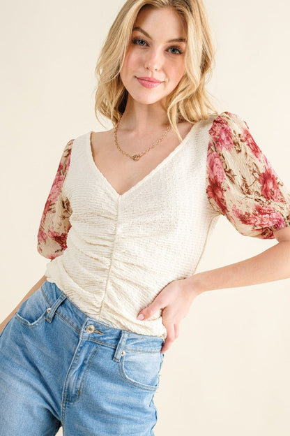 And The Why Full Size Floral Print Textured Sleeve Knit Top - Bitsy Gypsy Boutique