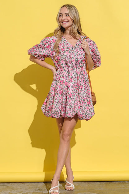 And The Why Full Size Floral Surplice Puff Sleeve Dress - Bitsy Gypsy Boutique