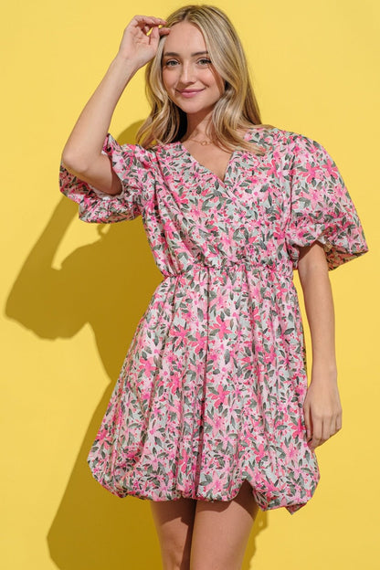 And The Why Full Size Floral Surplice Puff Sleeve Dress - Bitsy Gypsy Boutique