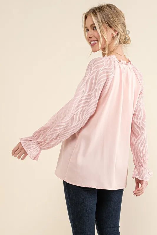 And The Why Leaves Shape Textured Sleeve Blouse - Bitsy Gypsy Boutique