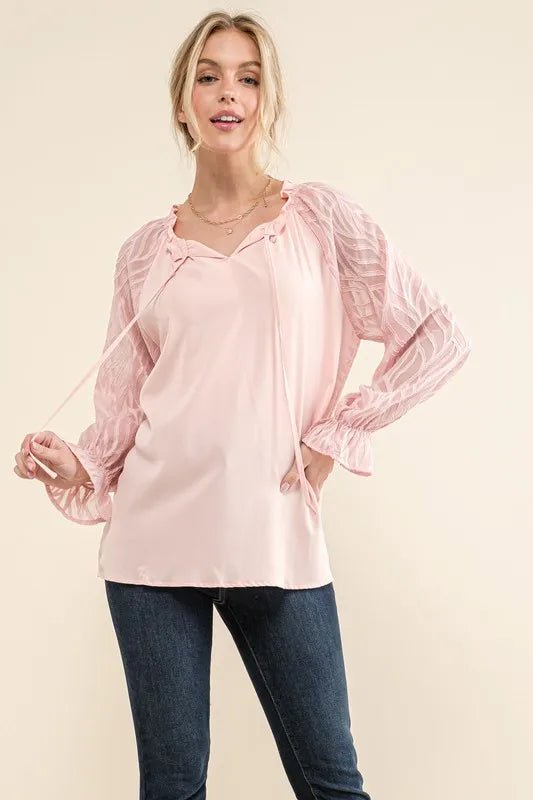 And The Why Leaves Shape Textured Sleeve Blouse - Bitsy Gypsy Boutique