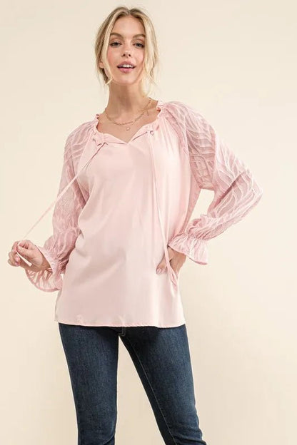 And The Why Leaves Shape Textured Sleeve Blouse - Bitsy Gypsy Boutique